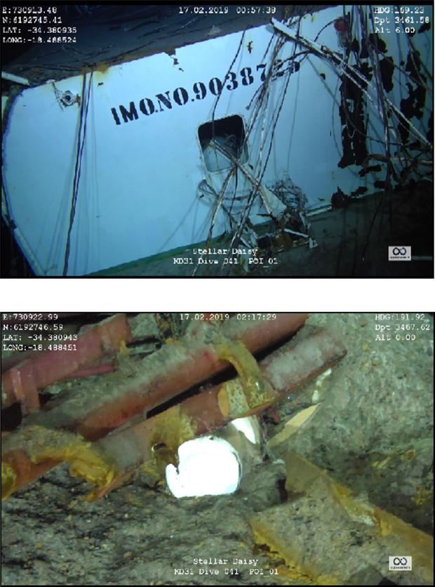 미국 오션 인피니티사의 심해수색 선박인 ‘씨베드 컨스트럭터호’가 스텔라데이지호 사고 해역에서 선체 일부인 선교를 발견하고, 인근 해저면에 이탈해 있는 항해기록저장장치(VDR)를 회수했다.(위는 본체 이탈된 조타실 측면부, 아래는 본체 이탈된 조타실 근처에서 발견횐 VDR). 해수부 제공