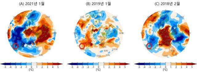 극 소용돌이 이상운동 발생과 지면 기온 변화. (A)2021년 1월(1~18일), (B)2019년 1월, (C)2018년 2월의 평균 지면 기온 변화. 한반도(붉은 동그라미)는 극 소용돌이가 변위 유형(A)과 분리 유형일 때(C) 한파가 발생했고, 극 소용돌이가 이동하다가 분리한 경우(B)에는 북미 지역보다 상대적으로 따뜻했음. 극지연구소 제공