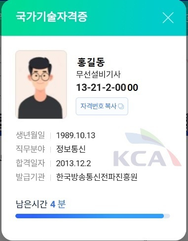한국방송통신전파진흥원(KCA)은 15일부터 정보통신, 무선설비 등 ICT 분야 25개 국가자격증에 대해 모바일 자격증 서비스를 제공한다고. KCA 제공