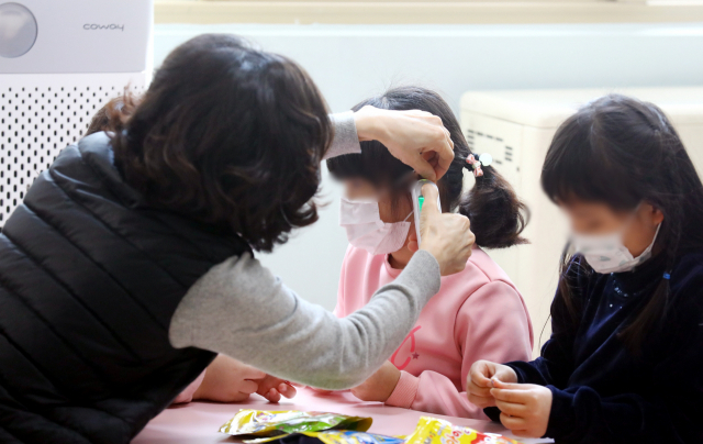 지난해 부산의 한 초등학교 돌봄교실에서 돌봄전담사가 학생 발열체크를 하고 있다. 부산일보DB