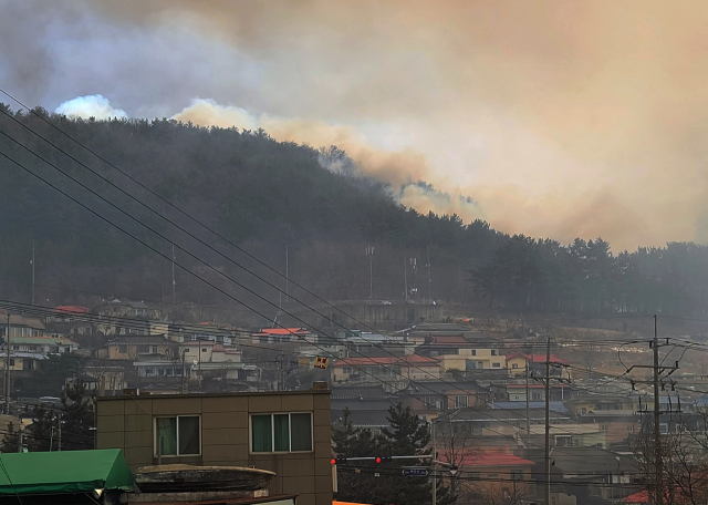 5일 강원 동해시 발한동 주택가 주변으로 산불이 접근하고 있다. 연합뉴스