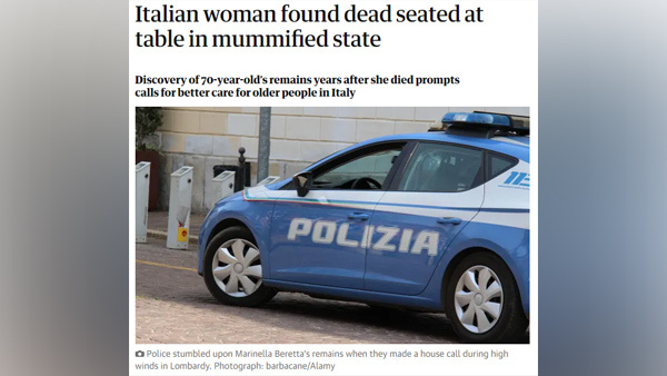 이탈리아에서 독거노인이 미라 상태로 발견되었다는 기사가 보도된 한 신문 홈페이지. 가디언 홈페이지 캡처