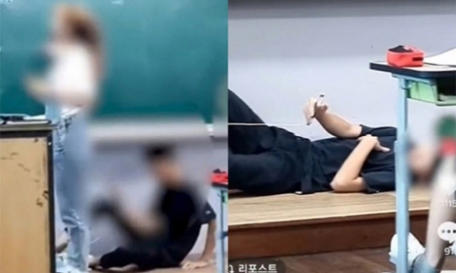 최근 충남 홍성의 한 중학교 교실에서 남학생이 교단에 누운 채 수업 중인 여교사를 촬영하는 듯한 영상이 올라와 논란이 됐다. 온라인 커뮤니티 갈무리