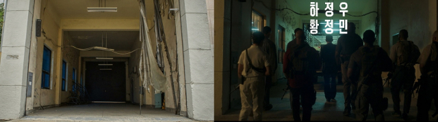 ‘수리남’에서 전요환의 저택 차고지로 나오는 옛 한국은행 부산본부(왼쪽)와 극 중 장면. 부산영상위원회·넷플릭스 제공