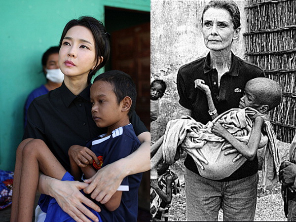 12일 캄보디아 프놈펜에서 선천성 심장질환을 앓는 소년을 안고 있는 김건희 여사(왼쪽)와, 1992년 소말리아에서 굶주린 어린이를 안은 영화배우 오드리 헵번. 대통령실 제공·부산일보DB