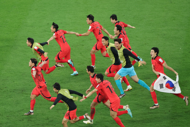 3일(한국시간) 오전 카타르 알라이얀의 에듀케이션 시티 스타디움에서 열린 2022 카타르 월드컵 조별리그 H조 3차전 대한민국과 포르투갈 경기에서 16강 진출을 확정지은 선수들이 태극기를 휘날리며 환호하고 있다. 연합뉴스