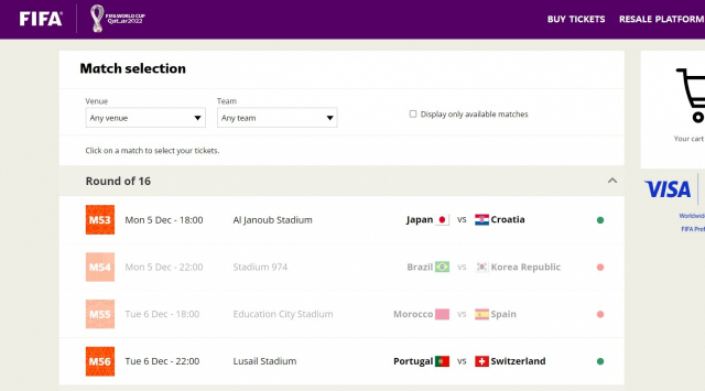 FIFA가 운영하는 공식 온라인 티켓 거래 플랫폼. 6일(한국시간) 오전 펼쳐지는 한국-브라질의 16강전 경기 티켓은 이미 매진된 상태다. FIFA 홈페이지 캡처.