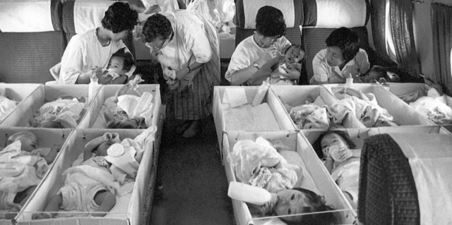 한국의 해외 입양 아동 규모는 6‧25전쟁 이후 지금까지 20만 명에 이른다. 사진은 홀트아동복지회가 1950년대 미국으로 보내는 입양 아동들을 전세 비행기 안에서 돌보는 모습. 부산일보DB
