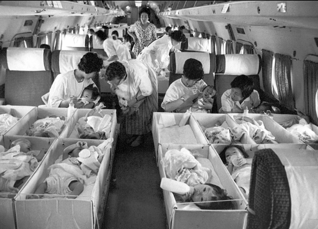 한국에서 출발해 미국에 도착한 입양아들이 비행기에서 내려오고 있다(위 사진). 짧은 시간에 입양아를 수송하기 위해 전세비행기 좌석을 치우고 박스를 만들어 아이들을 눕혀 놨다. 연합뉴스