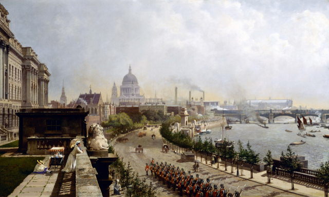1874년 화가 존 오코너가 그린 ‘템스강 둑길’로 옛것과 새것이 교묘하게 뒤섞인 빅토리아 시대 런던을 잘 보여준다. 런던미술관에 소장 중이다. 도서출판 집 제공