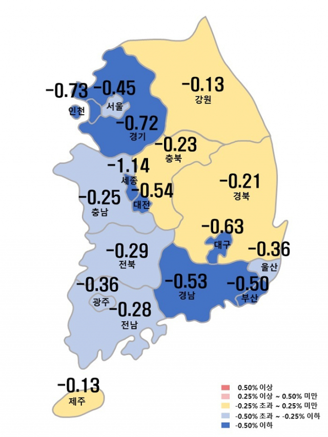 한국부동산원이 조사한 1월 둘째주 전국 아파트가격 변동률 지도. 한국부동산원 제공