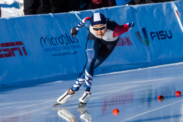 김민선이 16일 미국 뉴욕주에서 열린 동계세계대학경기대회 여자 스피드스케이팅 1000m 경기에서 질주하고 있다. 대한체육회 제공