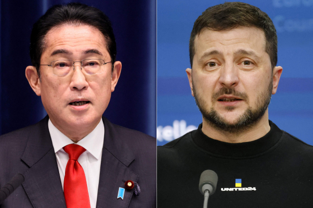 기시다 후미오(왼쪽) 일본 총리와 볼로디미르 젤렌스키 우크라이나 대통령. AFP연합뉴스