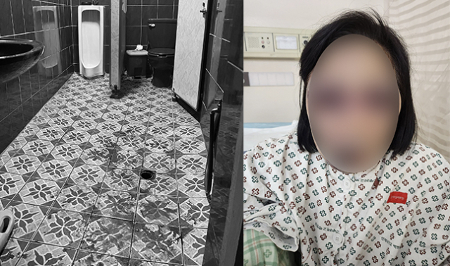 피해자가 무차별 폭행을 당했던 노래주점 화장실. 오른쪽 사진은 CCTV 사각지대에서 일면식도 없던 남성에게 폭행 당한 피해자. 양보원 기자·피해자 제공