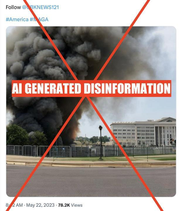 인공지능(AI)이 만든 가짜 사진. 미국 펜타곤 근처 건물에 화재가 난 것처럼 보인다. 트위터캡처