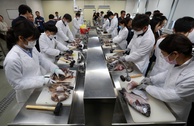지난달 25일 부산식약청 실험실에서 진행된 수입식품 방사능 검사 현장점검에서 식약청 직원들이 일본산 수산물 방사능 검사를 준비하고 있다. 사진공동취재단