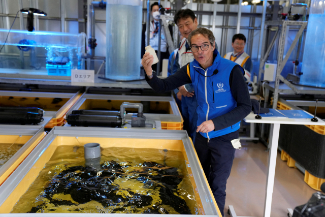 일본 정부의 후쿠시마 원전 오염수 해양 방류 계획에 반대하는 일본 국민들이 5일 도쿄전력 본사 앞에서 시위하고 있다(위). 이날 후쿠시마 원전을 방문한 국제원자력기구(IAEA) 라파엘 그로시 사무총장이 오염수 수조에서 자라는 물고기에 사료를 주고 있다. EPA·로이터연합뉴스