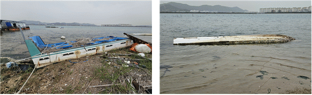 낙동강 하구 무인도서 폐기물 사진(왼쪽부터 진우도의 트럭 활어통, 폐선). 해수부 제공