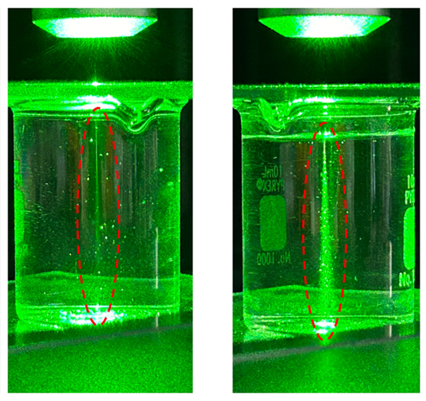 레이저를 통해 확인된 나노버블수. 일반수(왼쪽)와 CO2 나노버블수(오른쪽). ※일반적으로 나노버블은 눈에 보이지 않으나, 레이저(532nm, 나노미터파장) 산란 현상을 통해서 가시적으로 확인 가능. 건설연 제공