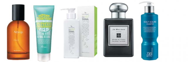 이솝의 향수, 아리얼의 클렌징폼, 셀트윗의 로션, 조말론의 향수, 자올 닥터스오더의 샴푸. 각 업체 제공