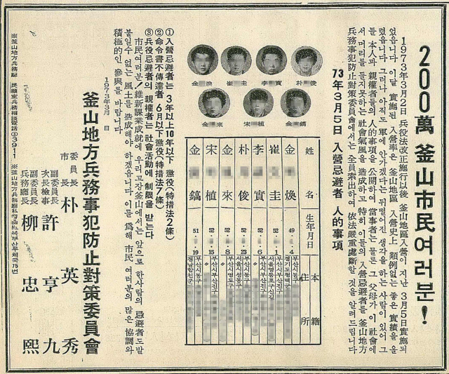 1973년 3월 12일 자 부산일보 3면에 실린 입영기피자 신상공개 광고. 본인뿐만 아니라 부모도 사회에서 머리를 들고 다니지 못하게 한다는 명분으로 인적사항을 세세하게 공개했다.