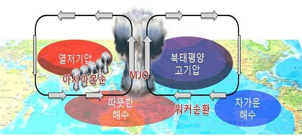 북반구 여름철 매든-줄리안 진동(MJO)와 관련된 대기순환 모식도.