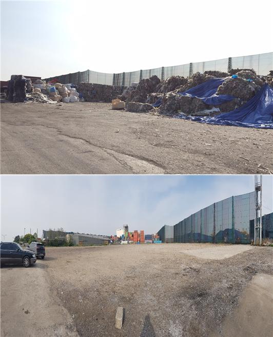 인천항만공사가 송도 인근 아암물류2단지 및 남항 석탄부두 인근에 야적돼있던 불법 수출 폐기물 약 1만t의 처리를 완료했다. 폐기물 처리 전(위)과 후의 모습. 인천항만공사 제공