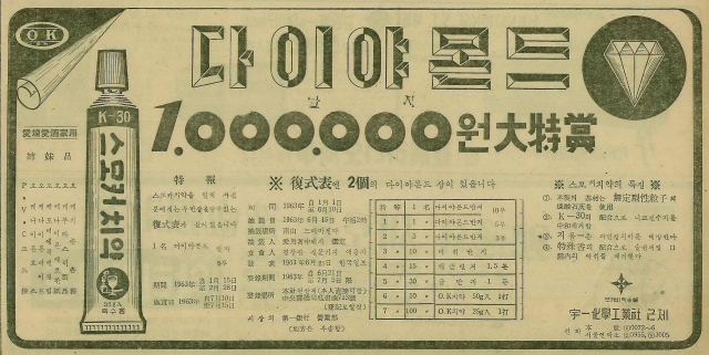 스모커 치약 구매자에게 다이아몬드 반지와 금반지 등을 경품으로 내건 우일화학 광고. 1963년 2월 1일 자 부산일보 6면.