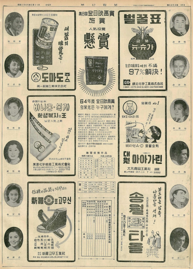 부산일보 독자를 대상으로 한 제8회 부일영화상 인기투표 참여 광고. 한국영화뿐만 아니라 개봉된 외화를 대상으로 작품상과 감독상, 남녀주연상 등을 추천하도록 했다. 참여한 독자에겐 신사복지 등을 상품으로 내걸었다. 1965년 2월 11일 자 부산일보 8면.