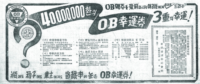 크라운맥주의 경품행사에 맞선 OB맥주의 4000만 환 행운권 광고. 1959년 5월 17일 자 부산일보 1면.
