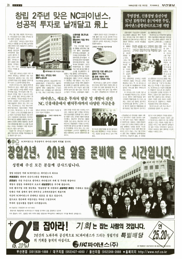 “창립 2주년 맞은 NC파이낸스 성공적 투자로 날개 달고 비상” “투명경영, 신용경영 솔선수범, 97년 10월부터 총 1억여 원 투입, 파이낸스 종합관리 프로그램 개발” 등의 내용을 담은 NC파이낸스의 기사형 전면 광고. 1999년 5월 11일 자 부산일보 20면.