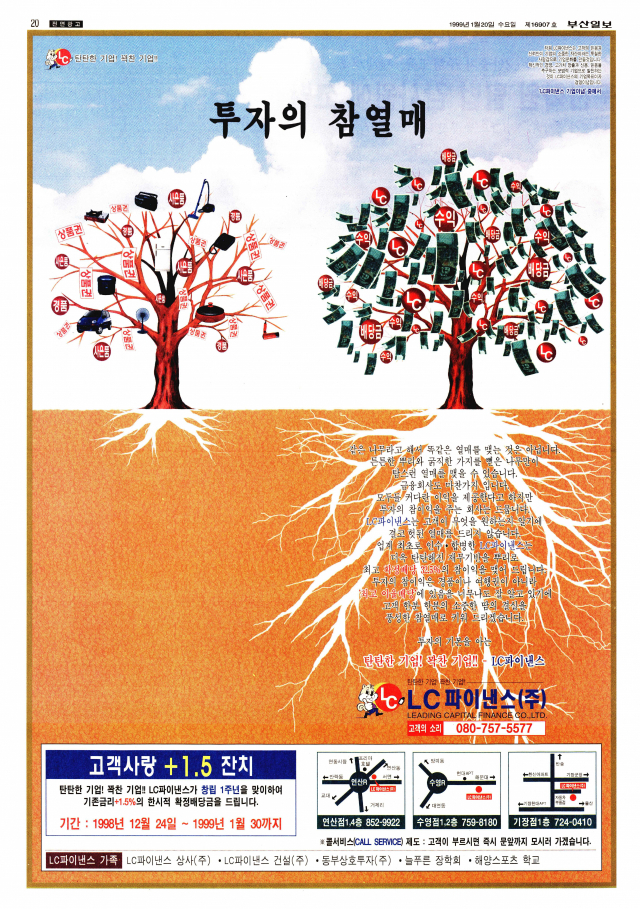 파이낸스 업계의 경품·여행권 경쟁을 ‘헛된 열매’로 질타하면서 확정배당 32.5%의 고이율을 제시한 LC파이낸스 전면광고. 1999년 1월 20일 자 부산일보 20면.