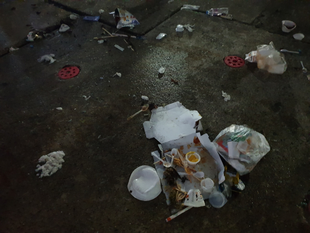 공원 바닥에 널브러진 쓰레기 모습.