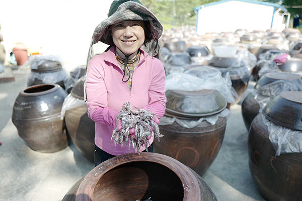 지난 5월 경남 남해에서 구입한 청정수역 남해산 멸치로 항아리에 젓갈을 담고 있는 송연실 진아F＆C 대표.