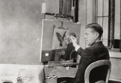 <통찰력(Clairvoyance)을 그리고 있는 르네 마그리트, 브뤼셀>, 1936년 10월 4일 원본사진, 허스코비치 컬렉션, 유럽
