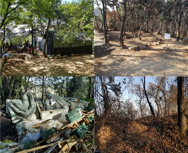 위 사진은 경기도 구리시 아천동 산에 버려진 무단폐기물과 청소후의 모습. 아래 사진은 인천시 남동구 운연동 산에 버려진 폐기물과 청소후 모습. 산림청 제공