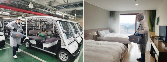 부산·경남 향토기업인 동원개발그룹 자회사인 통영동원로얄CC＆리조트는 코로나19 청정지역 유지를 위해 지역 업체인 나폴리농원과 협력해 편백에서 추출한 피톤치드로 전체 시설에 대한 방역·소독을 매일 하고 있다. 동원개발그룹 제공