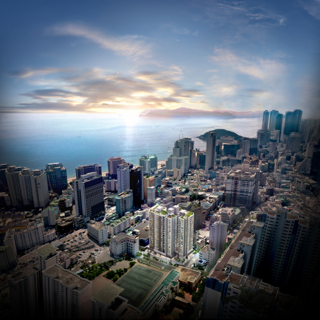 쌍용건설이 부산 해운대구 중동 해운대초등학교 인근 부지에 짓는 ‘쌍용 더 플래티넘 해운대’의 광역 조감도. 쌍용건설 제공