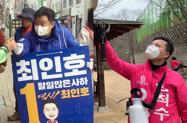 제21대 총선 후보 등록 이후 첫 일요일인 29일 부산 연제 더불어민주당 최인호 후보(왼쪽)가 유권자를 만나 인사하고 있다. 오른쪽은 방역하는 미래통합당 김척수 후보. 연합뉴스