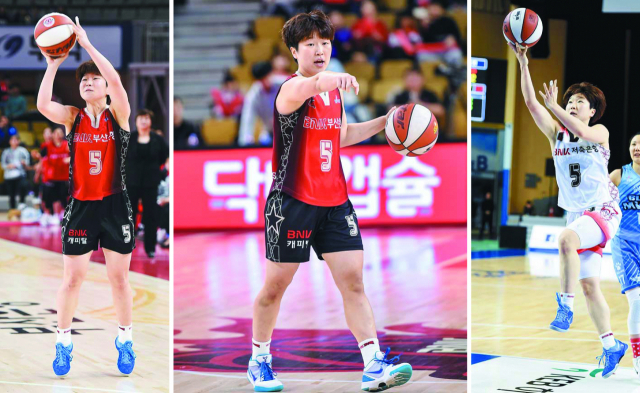 부산BNK 안혜지는 올 시즌 경기당 어시스트 7.7개로 이 부문 독보적 1위에 오르며 여자프로농구 ‘베스트 5’에도 선정됐다. 경기 중 작전 신호를 보내고, 슛을 시도하는 안혜지. 부산BNK 제공