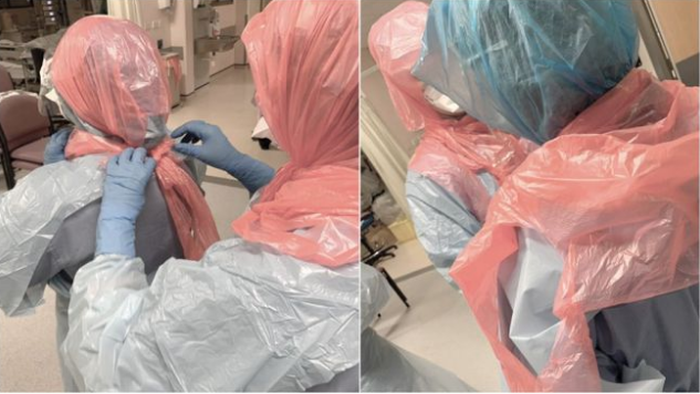 의료용 폐기물 봉투를 방호복으로 쓰고 있는 영국 의료진. BBC 캡처