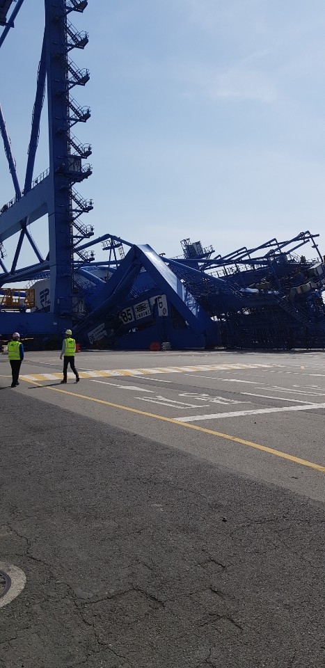 6일 오후 2시 50분께 부산신항 PNC 부두에서 접안중이던 선박이 안벽 크레인과 충돌했다. 충돌로 안벽크레인 1기가 넘어졌다.독자 제공