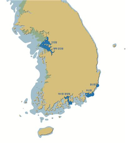 황산화물 배출규제해역 위치(5대 항만). 인천항만공사 제공
