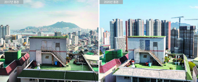 ‘갤리리수정’에서 2017년 촬영한 사진(왼쪽)에는 영도가 뚜렷하게 눈에 들어오나 며칠 전 찍은 풍경에는 봉래산 꼭대기만 조금 남아 있을 뿐이다. 윤창수 사진작가 제공