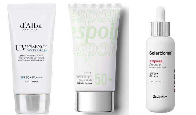 왼쪽부터 달바 워터풀 에센스, 에스쁘아워터 스플래쉬, 닥터자르트솔라바이옴 앰플.