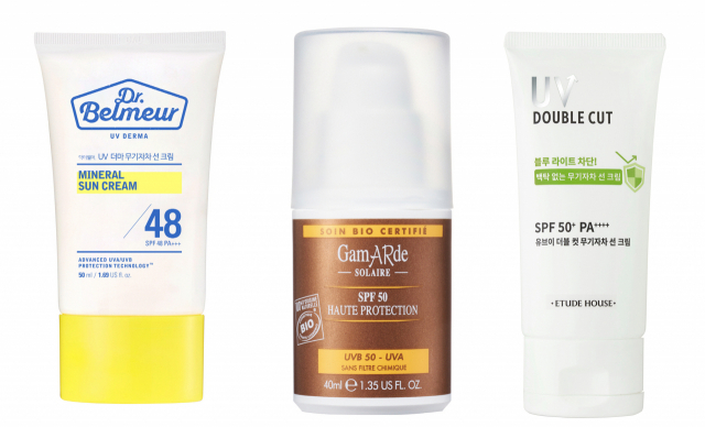 왼쪽부터 닥터벨머UV 더마 선크림, 온뜨레갸마르드 쏠레흐, 에뛰드유브이 더블 컷.