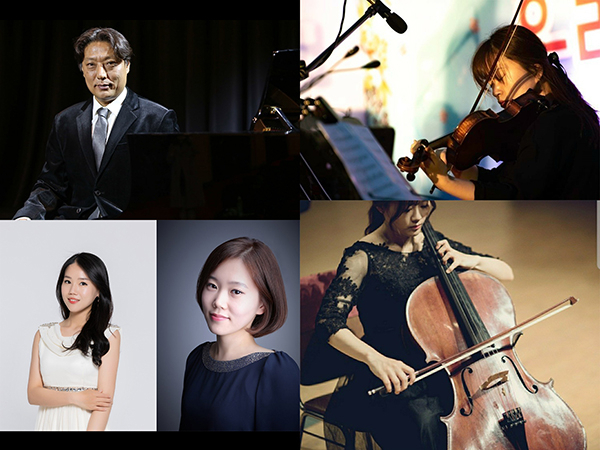 오는 13일 오후 4시 동아대 부민캠퍼스 석당박물관 로비에서 열리는 ‘짜장콘서트’ 출연자. 위부터 테너 양승엽, 소프라노 김선미(왼쪽), 피아니스트 양진경(오른쪽), 바이올리니스트 김가희, 첼리스트 박효진. 동아대학교 제공.