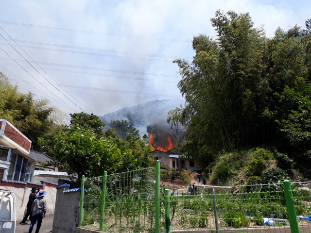 경남 양산시 동면 금정산 2부 능선에서 산불이 발생했다. 독자 제공