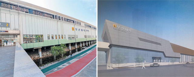 부산도시철도 1호선 부산대역 복합역사 개발 사업이 당초 계획보다 점포 개수를 줄이고, 문화·전시 공간을 확충하는 등 공공성을 확보해 재추진한다. 부산대역 역사 전경과 부산대역 복합역사 투시도(오른쪽). 김경현 기자 view@·부산교통공사 제공