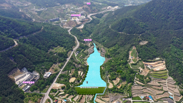 산청군의 대표 힐링관광지인 동의보감촌 아래지점에 오는 2026년까지 건설될 예정인 56만t 저수용량의 특리 농업용 댐 개념도. 산청군 제공